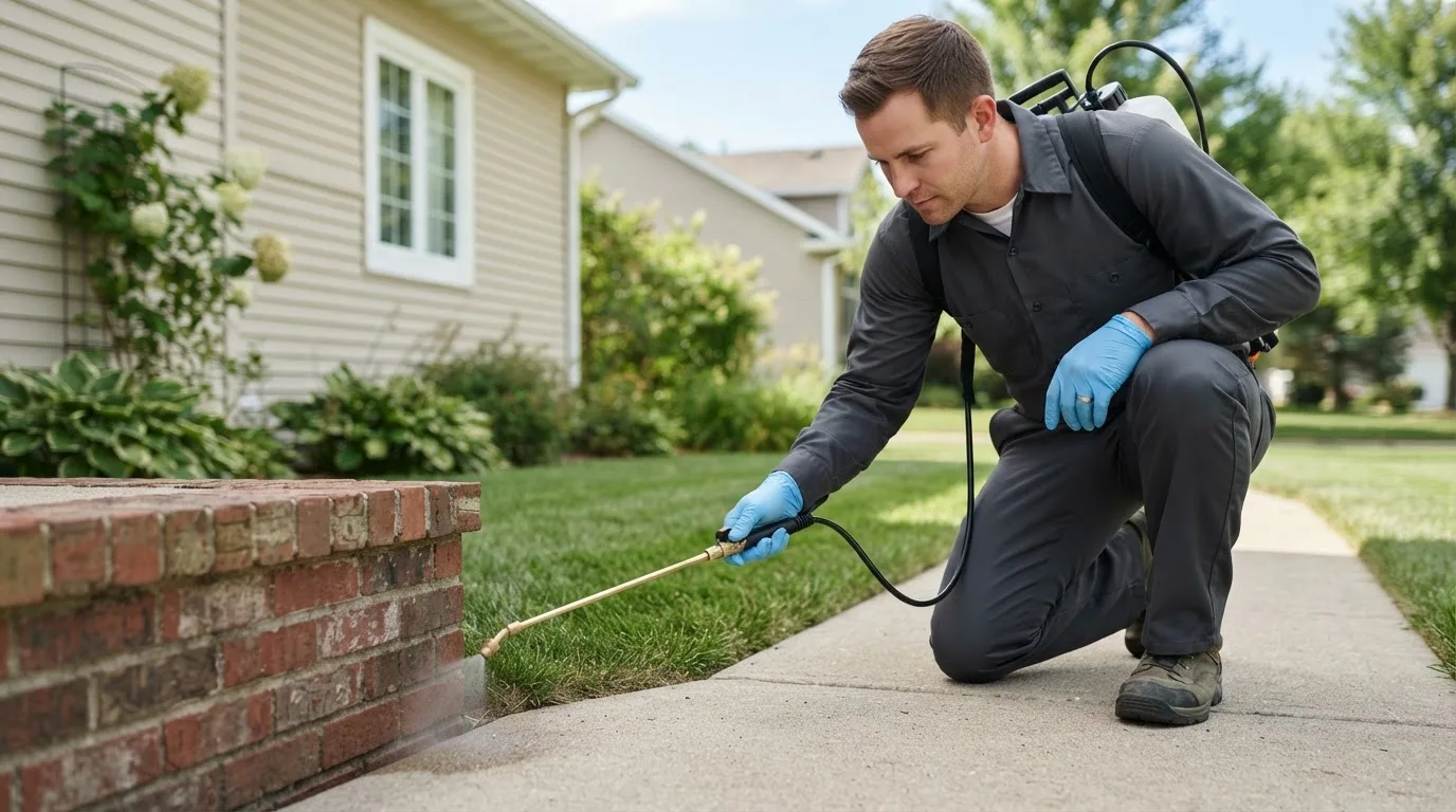 Pest control technician treating a home near Baldwin, ND