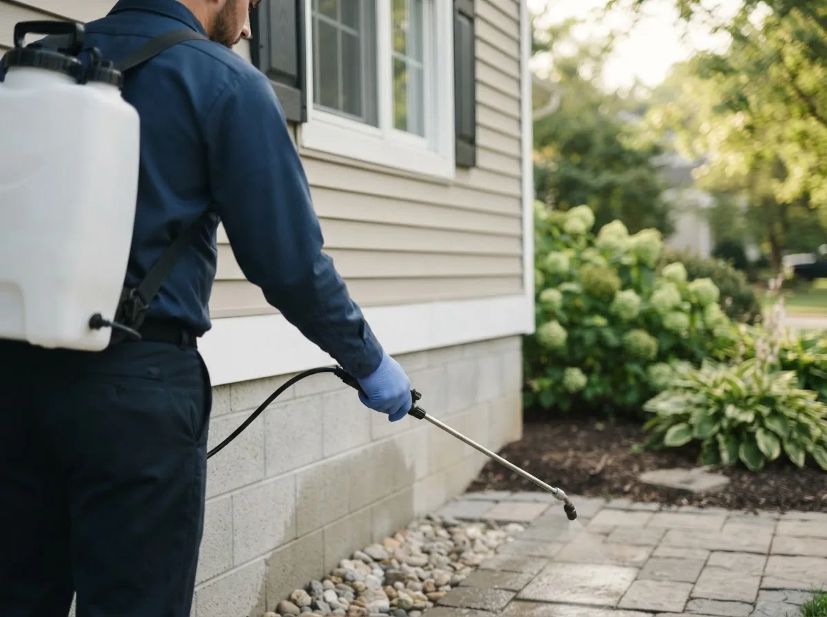 Pest control technician inspecting a home in Baldwin, ND